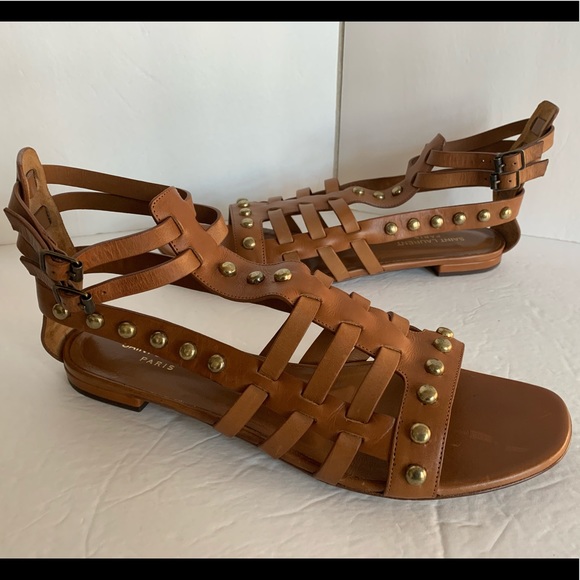 YSL Saint Laurent Caramel Cage Studded Gladiator Sandal Size 42 - Picture 1 of 8